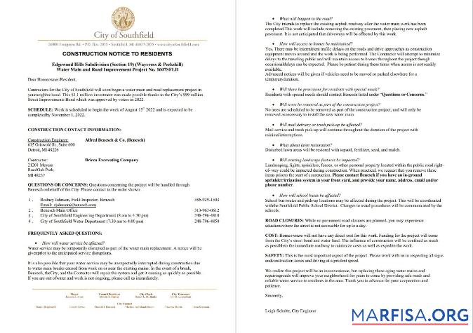 Blank USA Michigan City of Southfield utility water and construction shut off notice, Word and PDF template, 3 pages 1 2